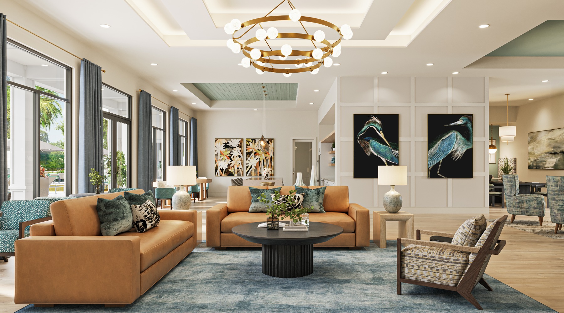 selene tomoka club lounge sofas seating chandelier wall art large windows demo kitchen coffee table