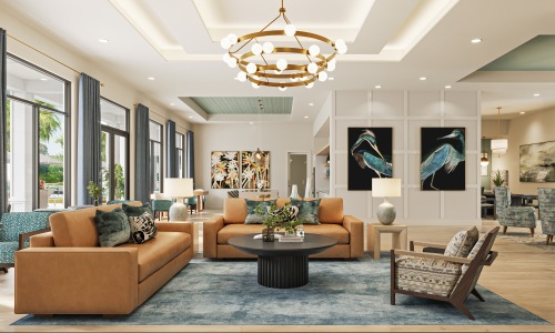 selene tomoka club lounge sofas seating chandelier wall art large windows demo kitchen coffee table