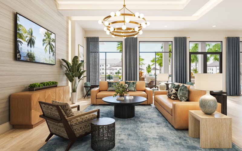 selene tomoka club lounge tv seating sofas table chandelier large windows