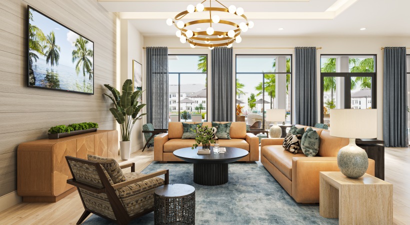 club lounge media area sofas tv chandelier tables lighting large windows