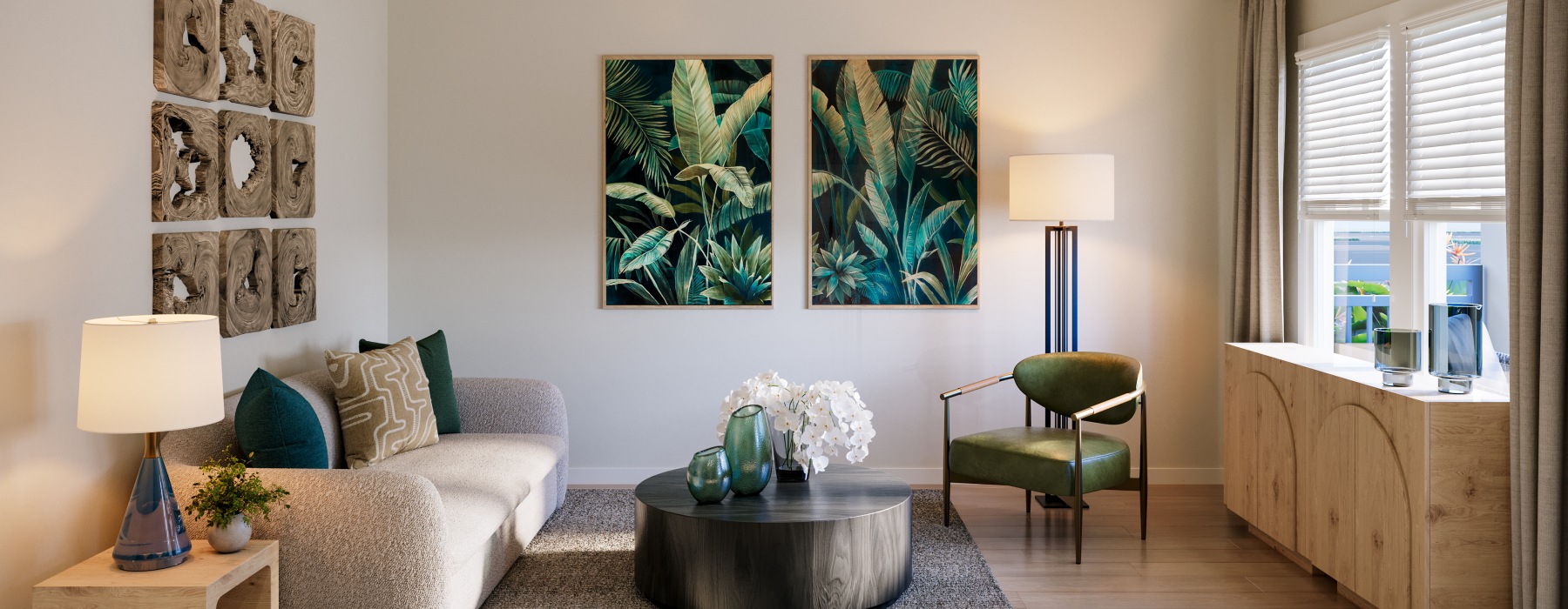 selene tomoka living area sofa coffee table light chair credenza large picture window