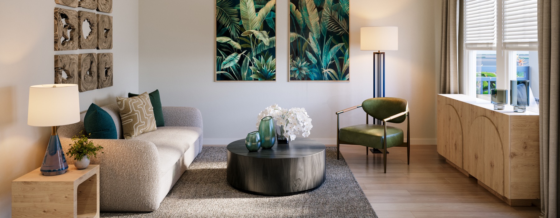 selene tomoka living area sofa coffee table light chair credenza large picture window