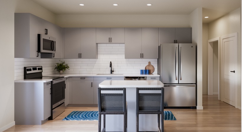 selene tomoka village modern kitchen gray cabinets island barstools stainless steel appliances wood style flooring