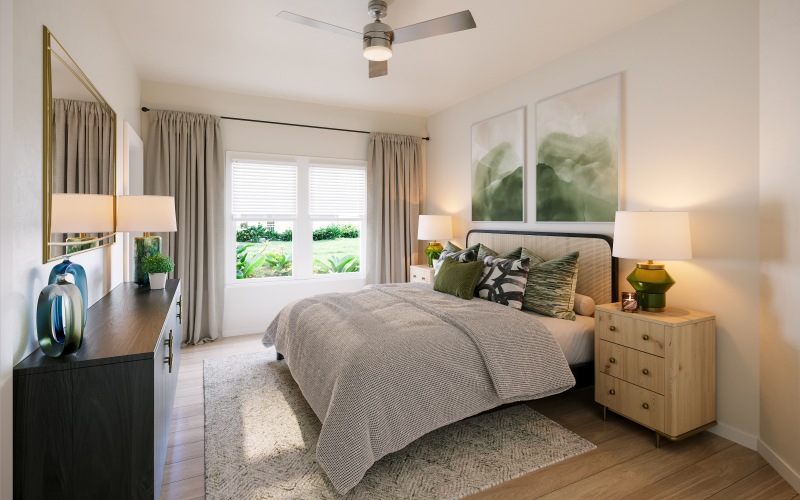 selene tomoka bedroom bed nighstand rug dresser large window tree view