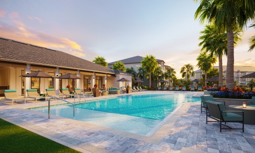 selene tomoka village swimming pool sundeck pavers palm trees sunset clubhouse seating