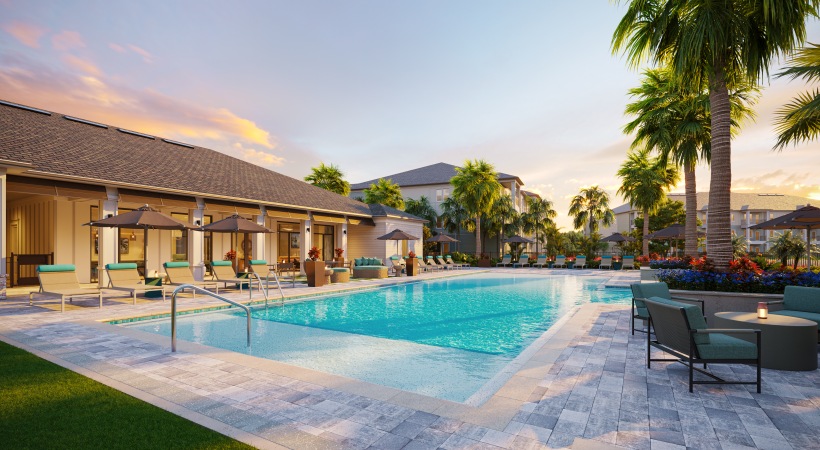 selene tomoka village swimming pool sundeck pavers palm trees sunset clubhouse seating