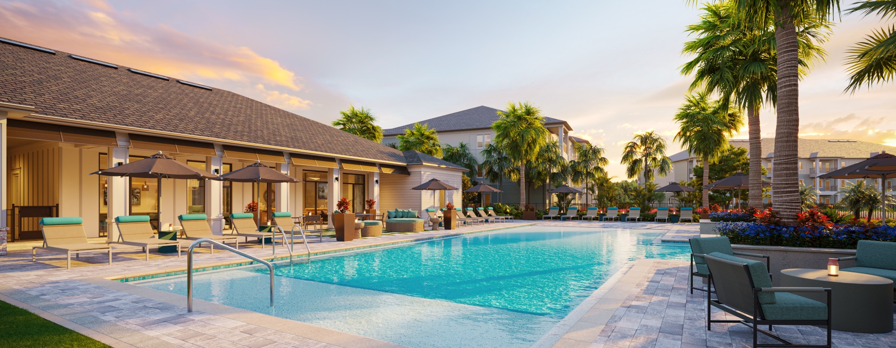 selene tomoka swimming pool sundeck sunset palm trees clubhouse chaise lounges