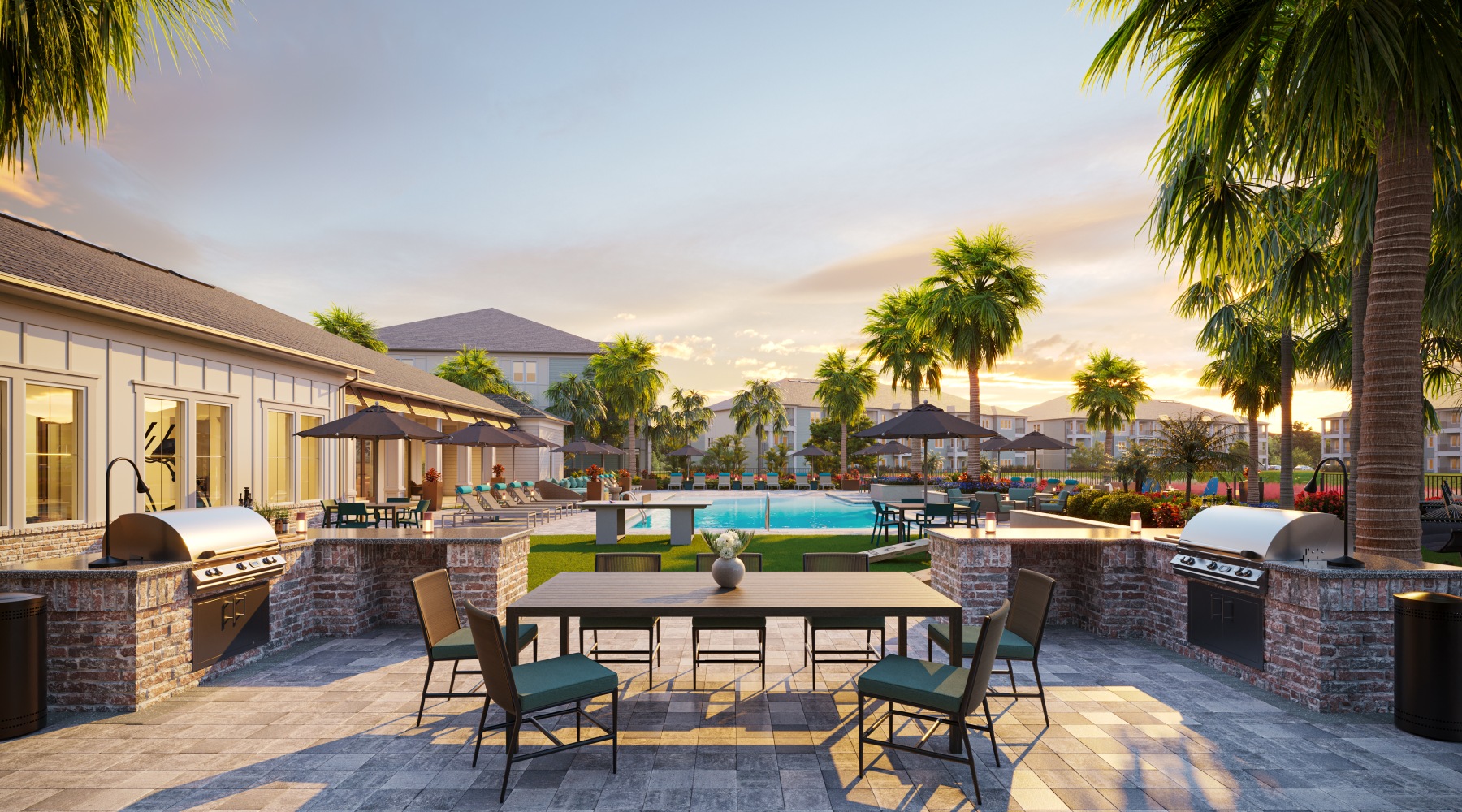 selene tomoka terrace table chairs BBQ grills pavers pool sunset palm trees clubhouse