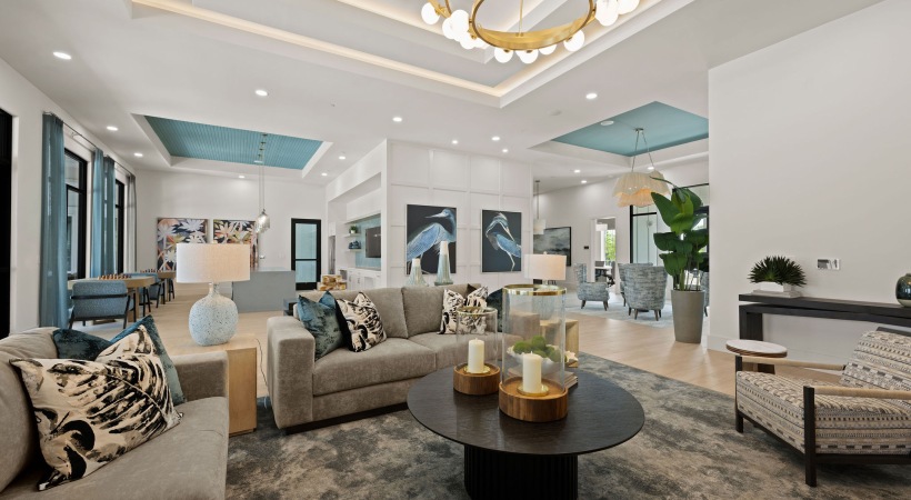 club lounge media area sofas tv chandelier tables lighting large windows